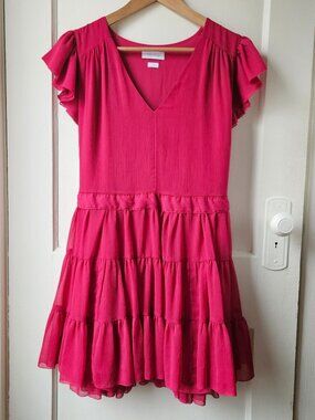 Flutter-Sleeve Tiered V-Neck Dress in Bright Pink